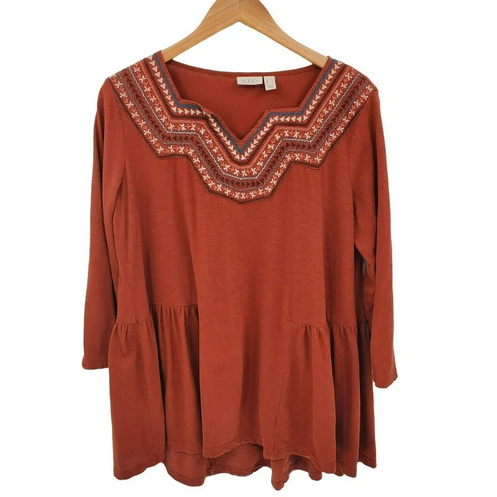 LOGO By Lori Goldstein Womens Fall Rust Embroidered Cotton‎ Knit Tunic Top Sz M